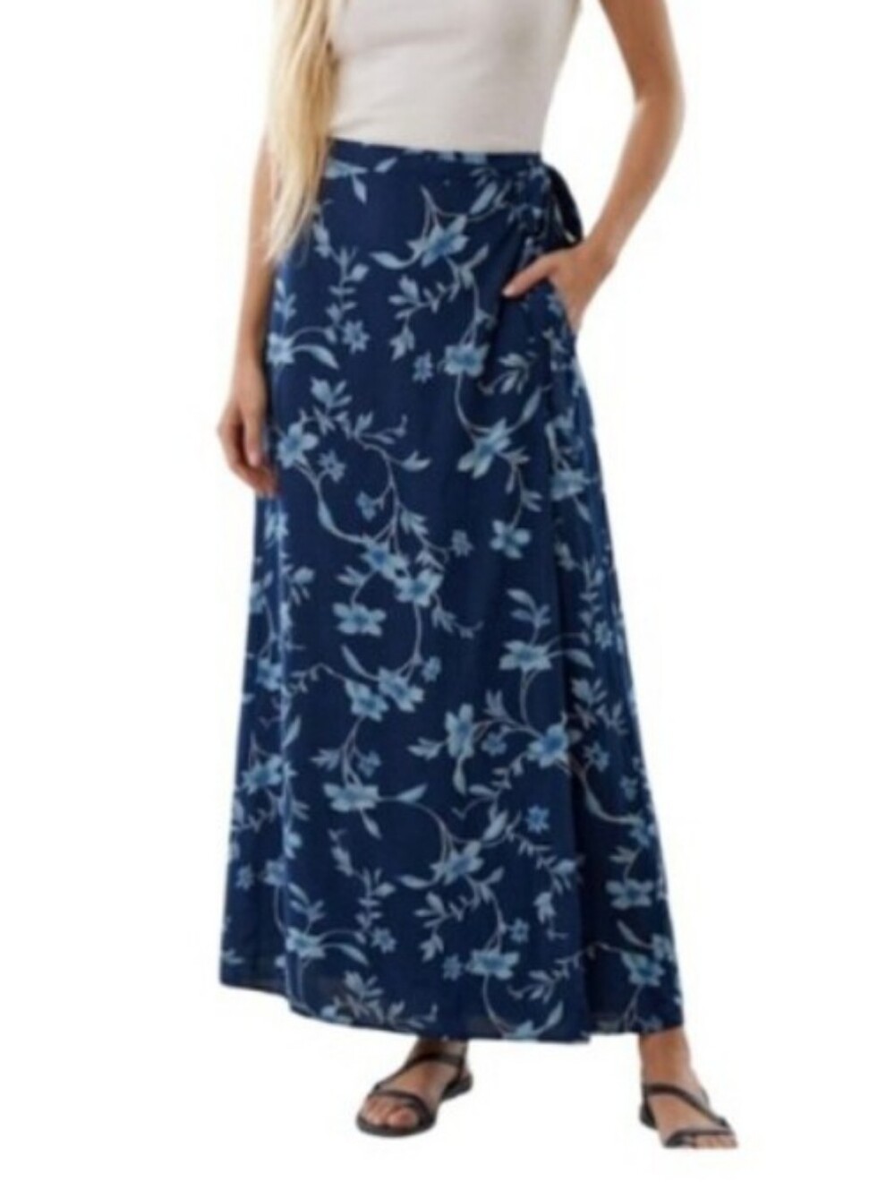 "Express" Vintage Gorgeous Long (S) Blue Floral Wrap Around Skirt With Tie.